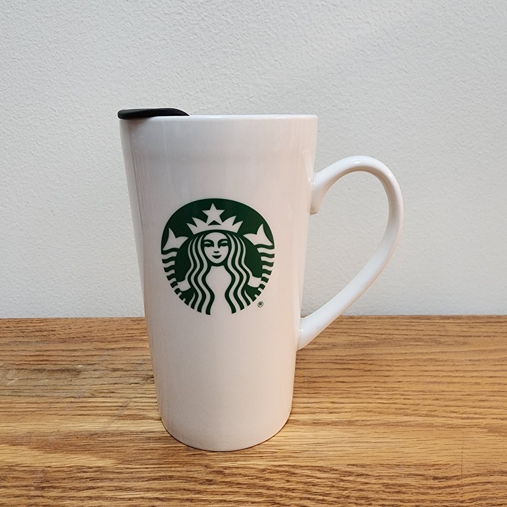 Starbucks  Travel Mug 12.8 oz. with Handle and Black Lid, White with Green Siren